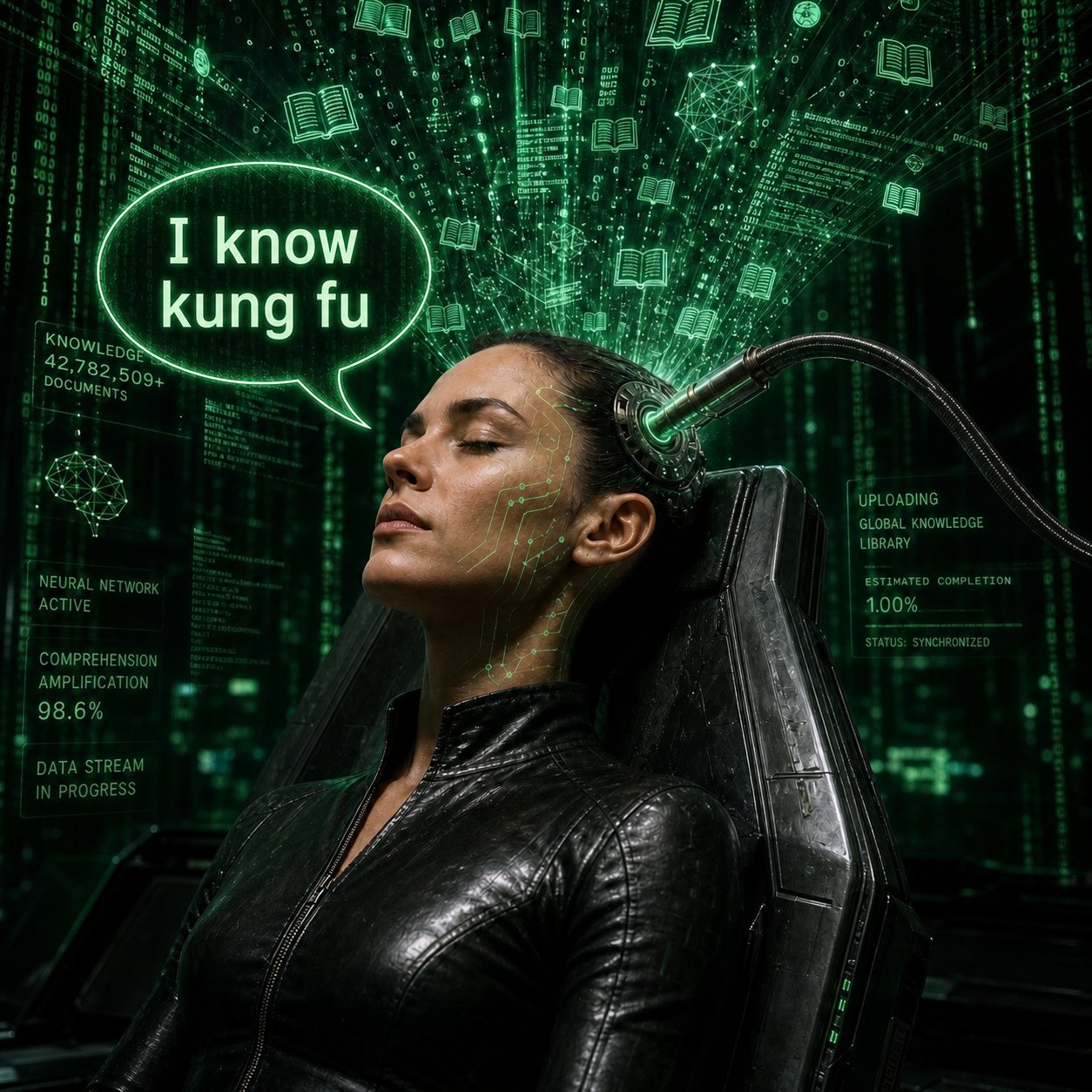 Expert Libraries — knowledge being uploaded with the words 'I know kung fu'
